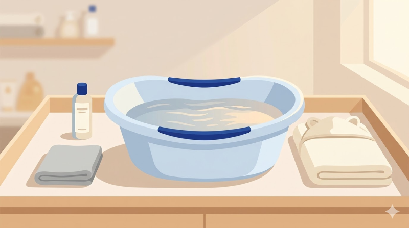 Illustrated infant bath tub on a surface with a hooded towel, washcloth, and baby wash bottle arranged beside it