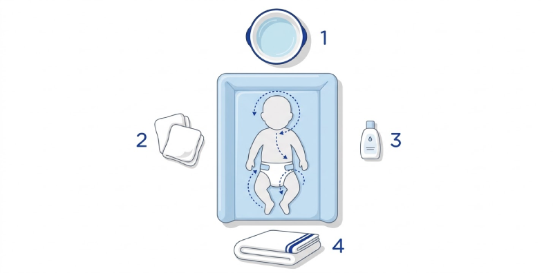 Overhead illustration of a sponge bath setup showing a changing mat, water bowl, washcloths, and baby wash with numbered step labels