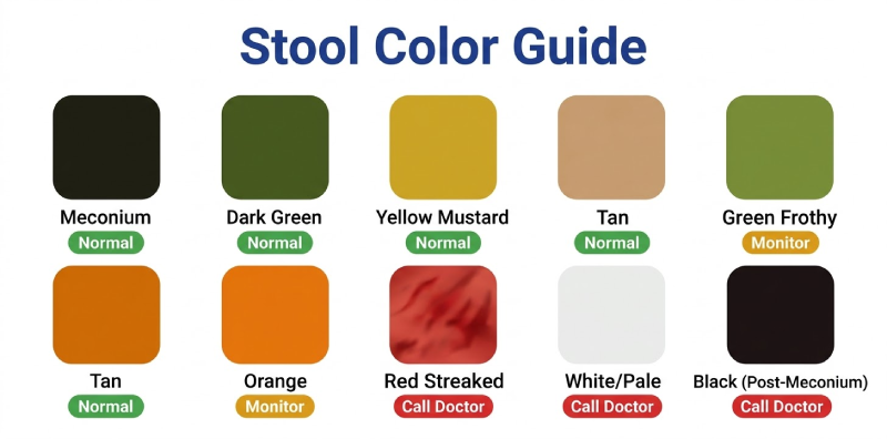 Stool color chart with nine swatches from normal meconium black to warning signs like white or red