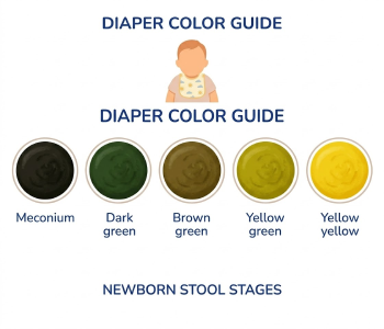 Illustrated diaper color guide showing five stages from meconium black to bright yellow for newborns
