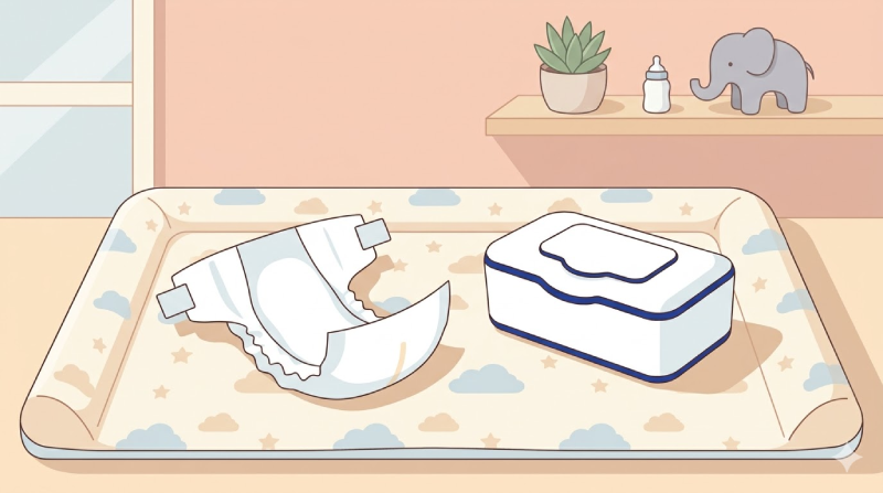 Illustrated diaper changing station with a fresh diaper, wipes, and changing pad in a soft pastel nursery