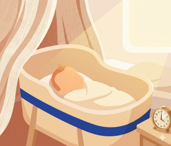 Illustrated baby sleeping in a crib during daytime with warm light through curtains and a clock on a side table