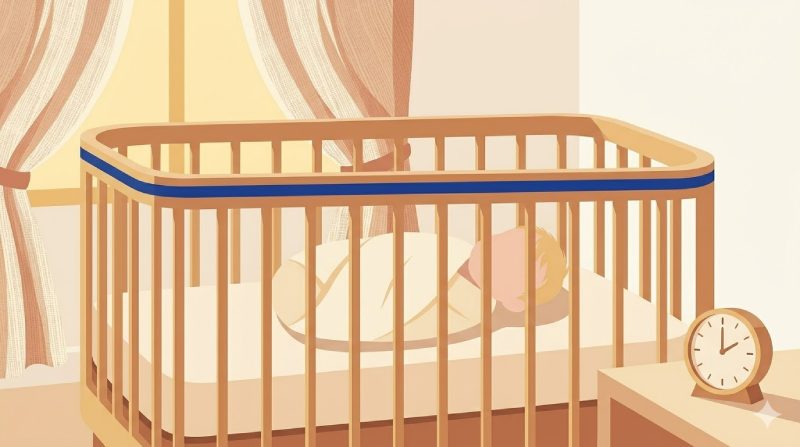 Illustrated baby sleeping in a crib during daytime with warm light through curtains and a clock visible on a side table