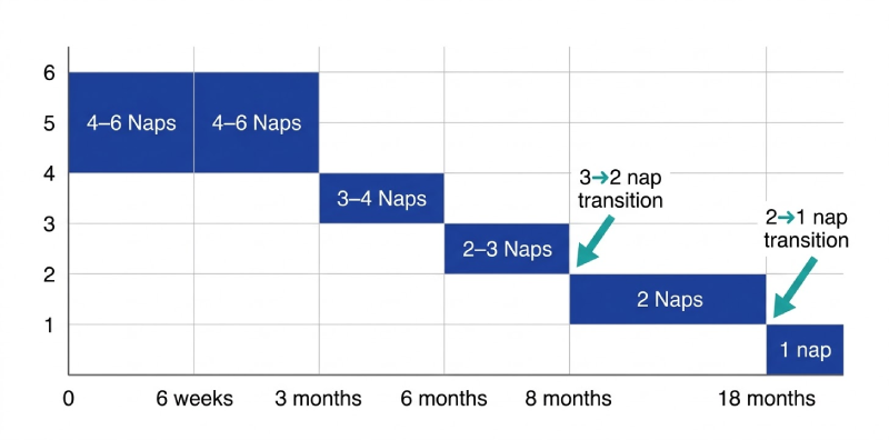 Infographic timeline showing nap count from 4 to 6 naps for newborns reducing to 1 nap at 18 months