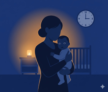 Illustrated parent silhouette holding a wide-awake baby in a dark nursery at 3am