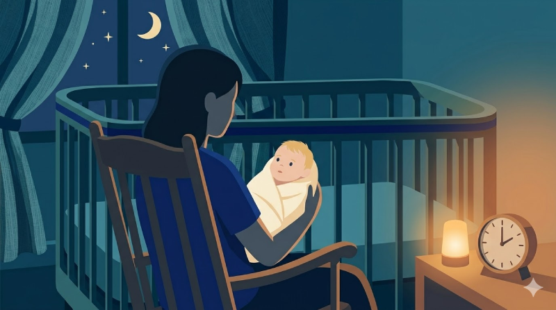 Illustrated parent in a rocking chair holding a wakeful baby in a softly lit nursery at night