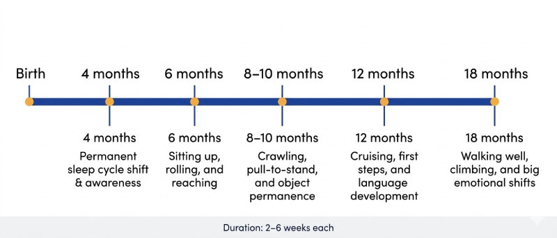 Timeline infographic of sleep regression ages at 4, 6, 8 to 10, 12, and 18 months with developmental triggers