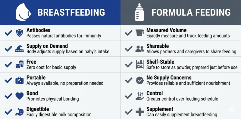 Infographic comparing breastfeeding and formula feeding side by side across six key factors