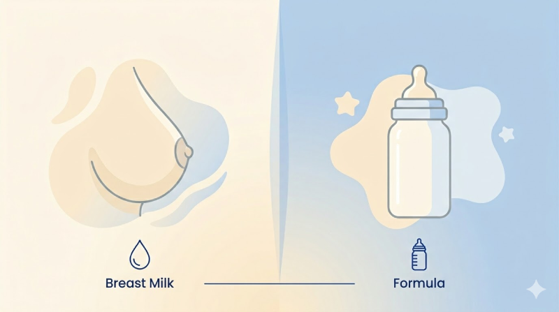 Illustrated split scene comparing breastfeeding and formula feeding options for newborns
