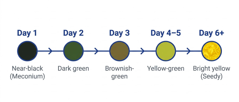 Infographic timeline showing newborn diaper color changes from black meconium on day 1 to yellow by day 5