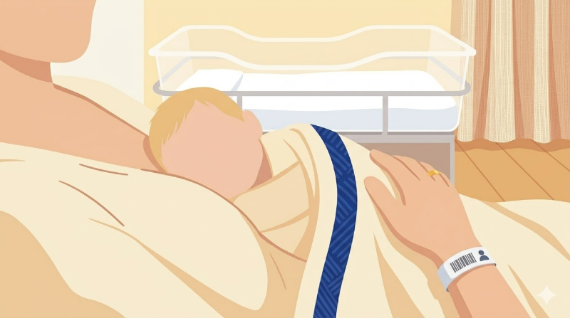 Illustrated scene of a newborn resting on a parent's chest in a hospital room, wrapped in a navy blue blanket