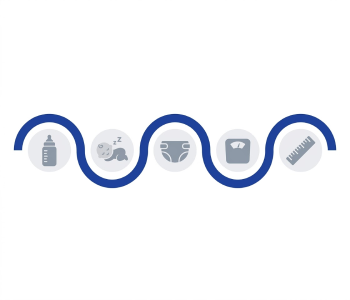 Illustrated baby bottle with measurement markings beside a nursing pillow on a soft cream background