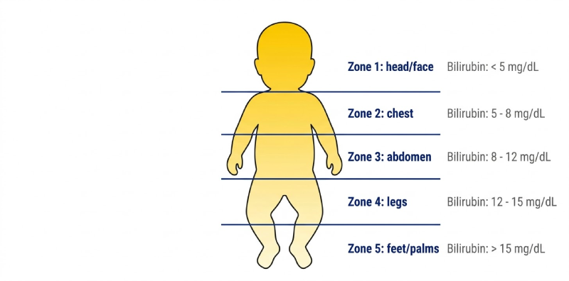 Diagram showing cephalocaudal newborn jaundice progression from head and face down to feet across five body zones