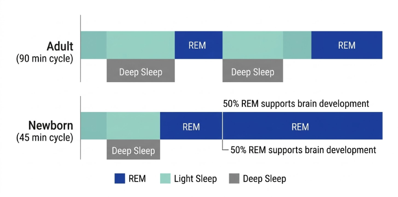Diagram comparing adult and newborn sleep cycles, showing newborns spend 50% of sleep in REM versus 20% for adults