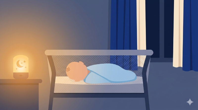 Illustrated newborn sleeping in a bassinet beside a softly glowing nightlight and a darkened window