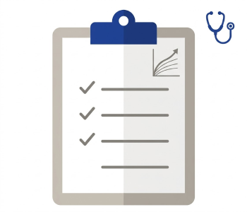 Illustrated clipboard with a checklist and a small growth chart icon, representing a pediatrician visit preparation guide