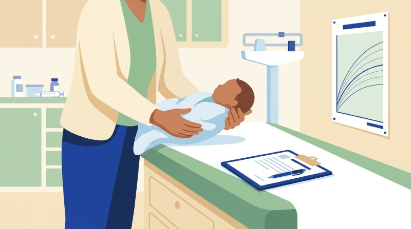 Illustrated parent holding a baby on a pediatrician's exam table with a clipboard and a growth chart on the wall