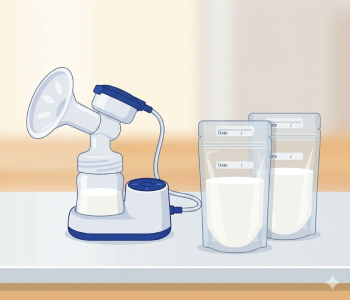 Illustrated breast pump beside labeled milk storage bags on a clean countertop