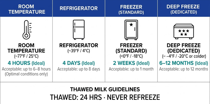 Breast milk storage times infographic: 4 hours room temp, 4 days fridge, 2 weeks freezer, 6 to 12 months deep freeze