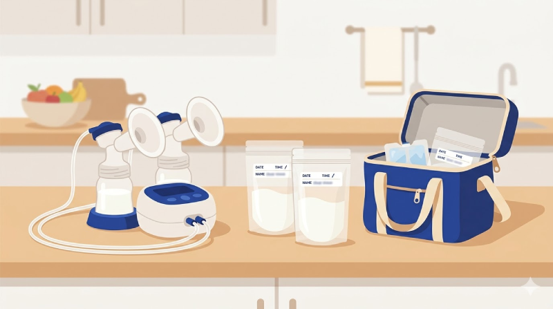 Illustrated breast pump next to labeled milk storage bags and a cooler bag arranged on a clean countertop