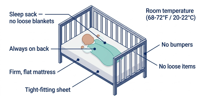 Labeled safe sleep diagram showing firm mattress, sleep sack, back position, and no loose bedding inside the crib