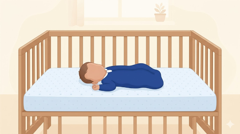 Illustrated newborn on their back in a bare crib with a fitted sheet and navy sleep sack, depicting safe sleep