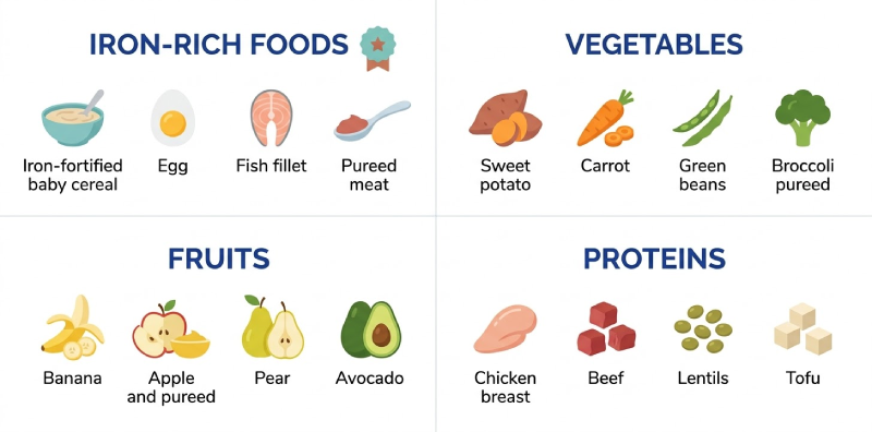 First foods infographic showing four categories: iron-rich foods, vegetables, fruits, and proteins for babies