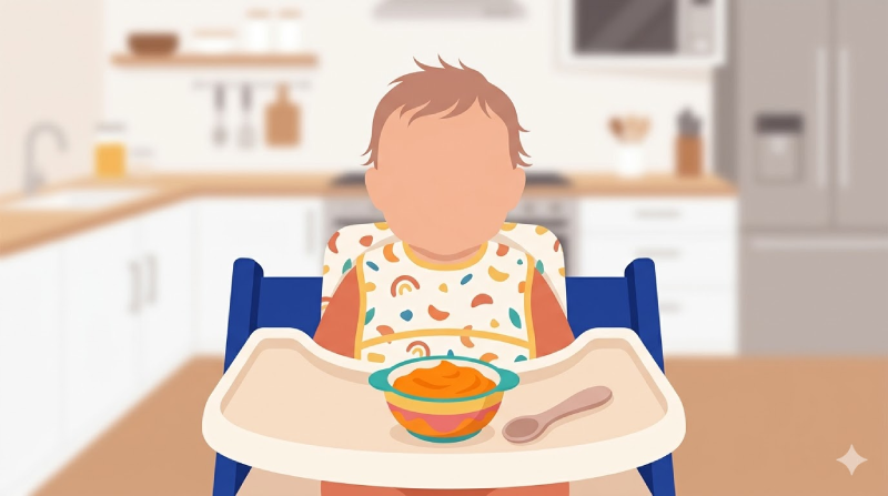 Illustrated baby in a high chair with a bowl of colorful purée and a soft spoon on the tray