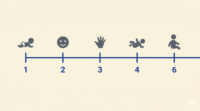 Illustrated horizontal milestone timeline showing developmental icons for months one through six