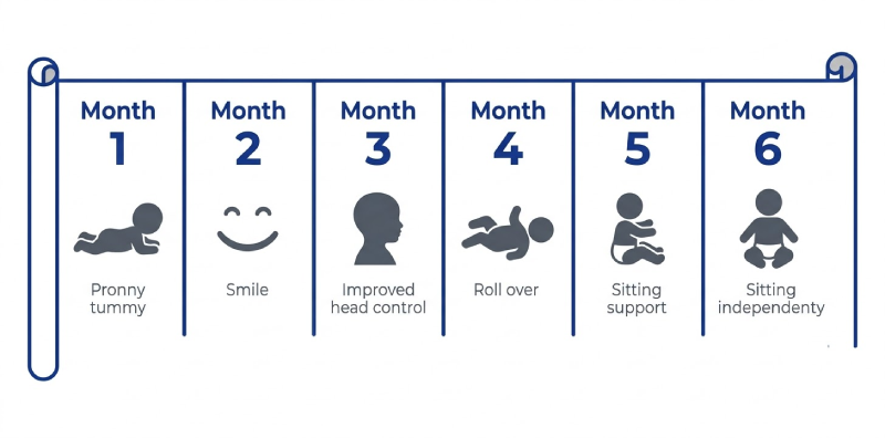 Illustrated six-month baby development timeline showing one key milestone icon per month from birth to six months
